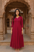 Viscose Georgette Chikankari Anarkali Dress – Cherry Red