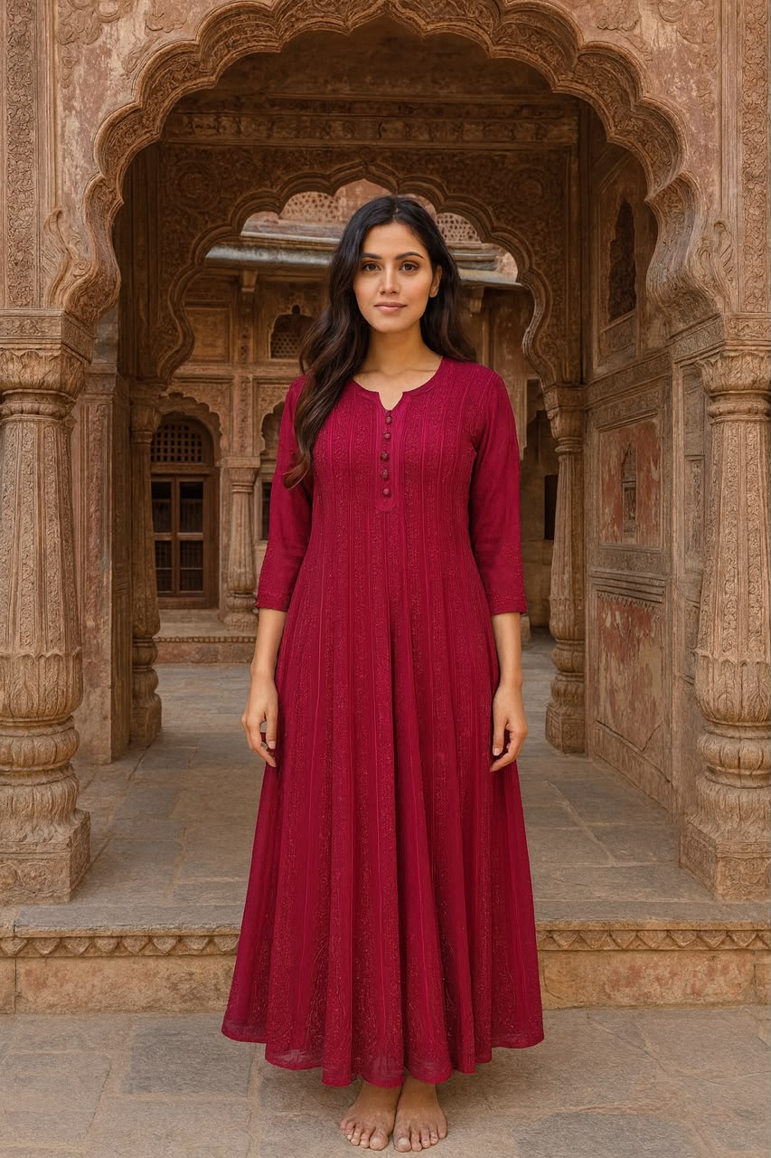 Viscose Georgette Chikankari Anarkali Dress – Cherry Red