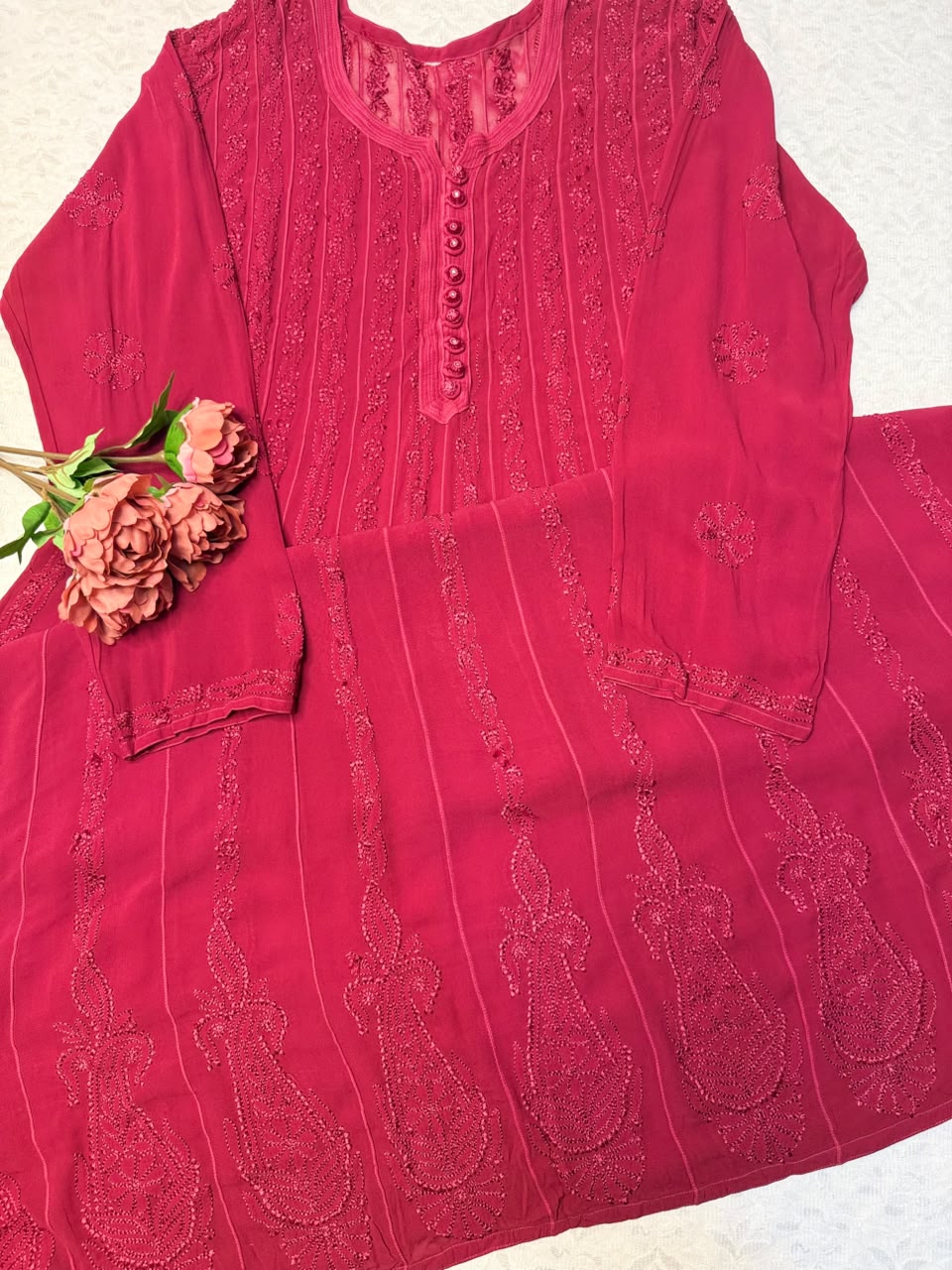 Viscose Georgette Chikankari Anarkali Dress – Cherry Red