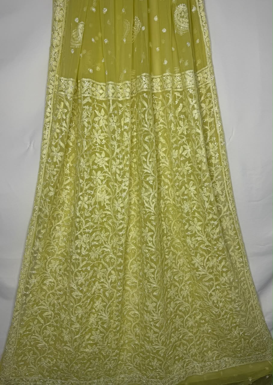 GEORGETTE CHIKANKARI SAREE IN LEMON GREEN