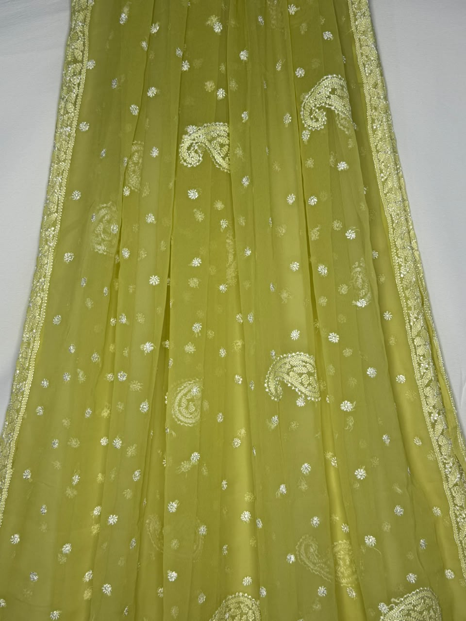 GEORGETTE CHIKANKARI SAREE IN LEMON GREEN