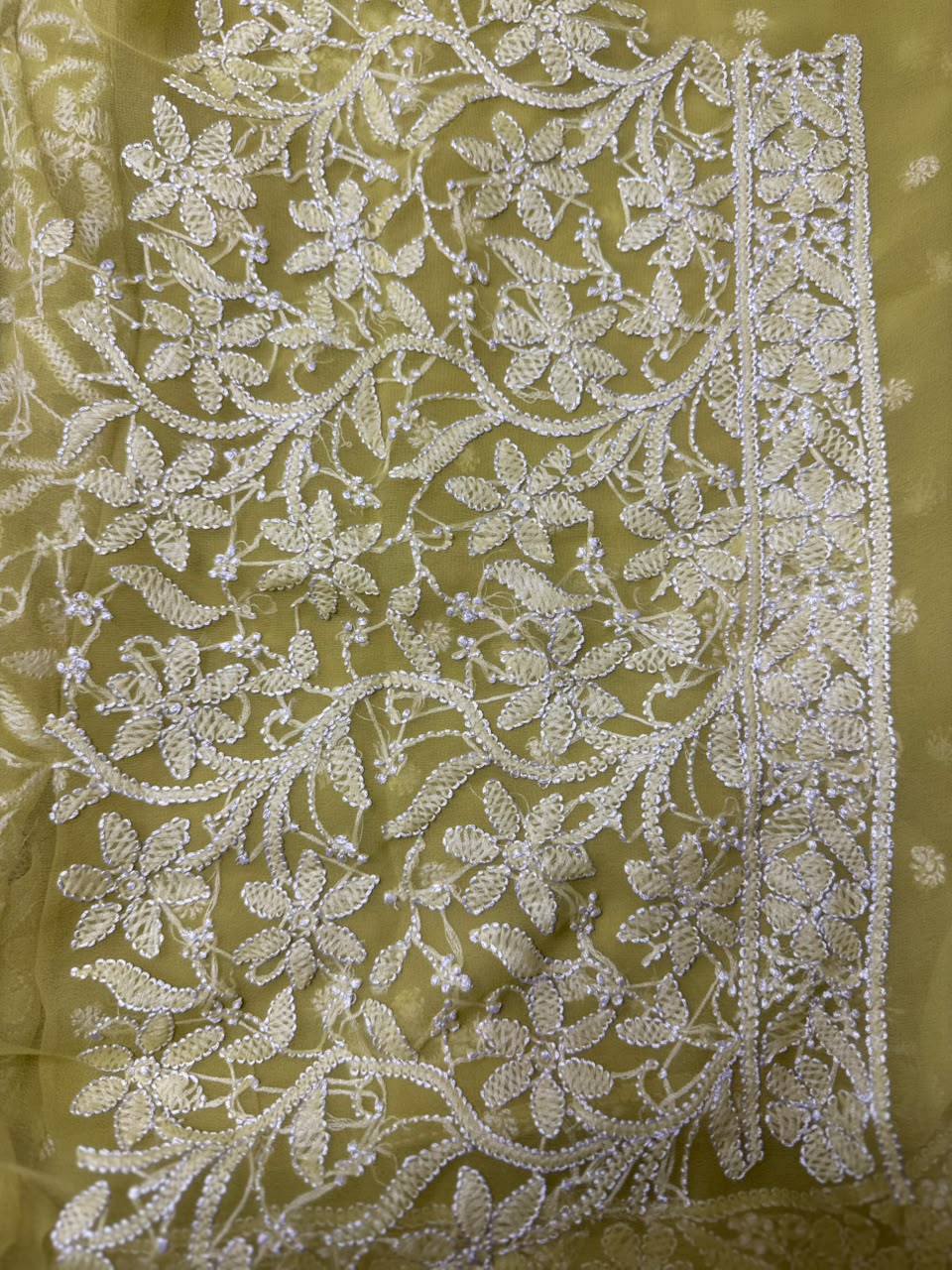 GEORGETTE CHIKANKARI SAREE IN LEMON GREEN