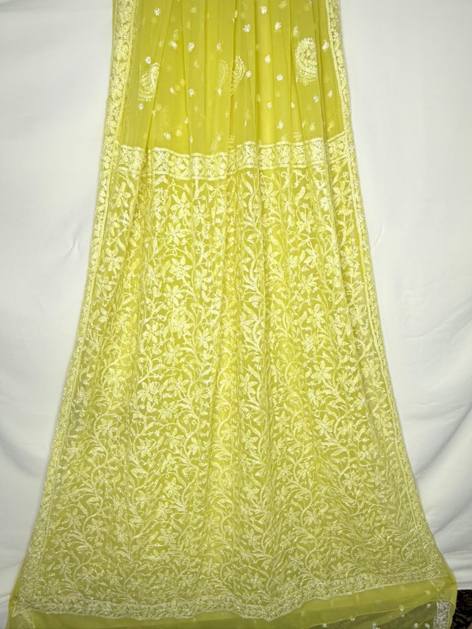GEORGETTE CHIKANKARI SAREE IN LEMON GREEN