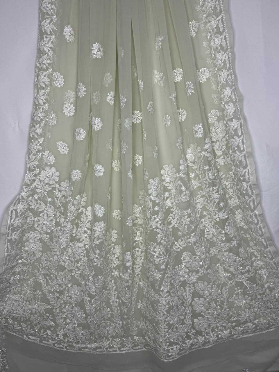 GEORGETTE CHIKANKARI SAREE IN PASTEL PISTA GREEN