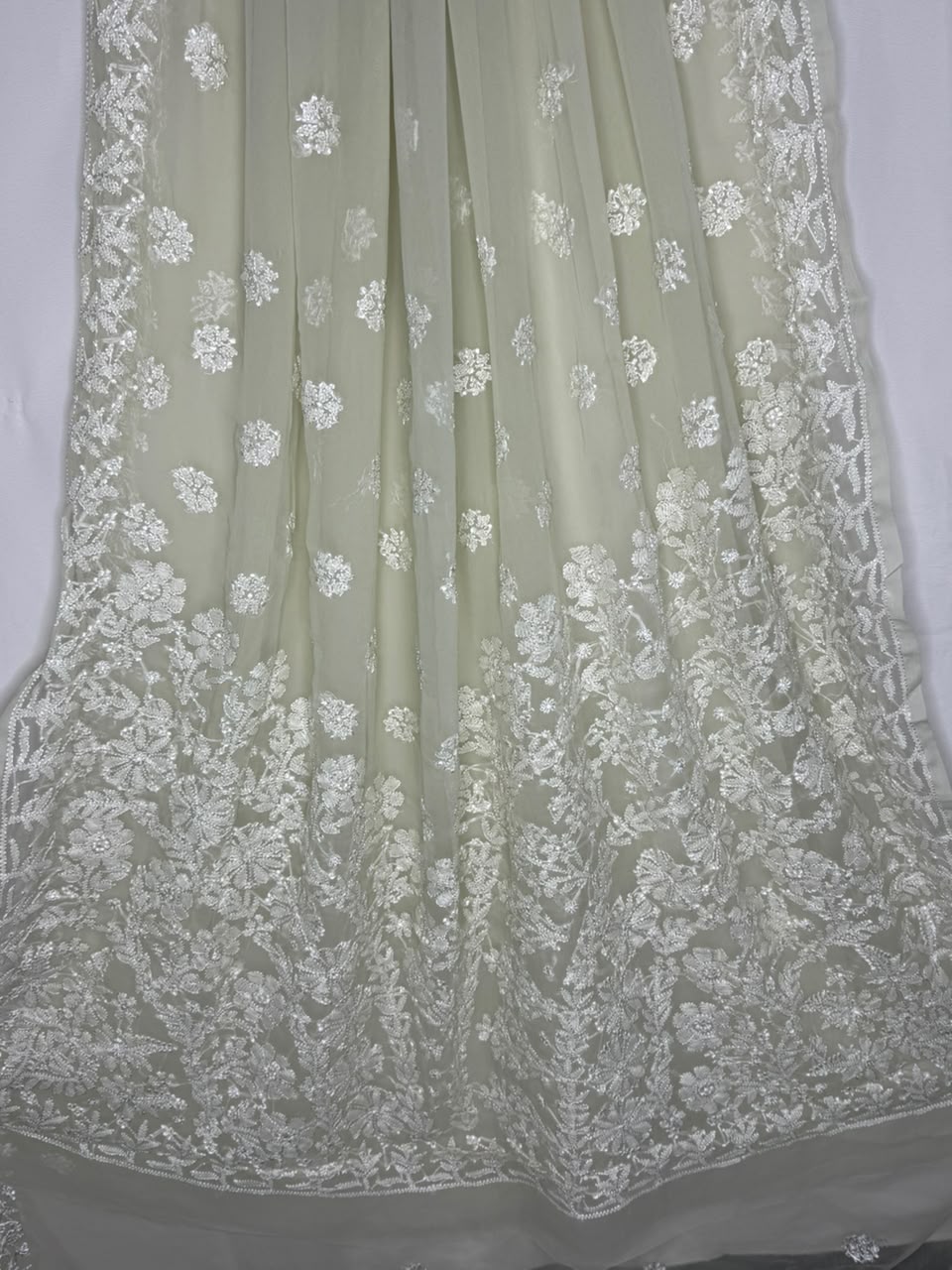 GEORGETTE CHIKANKARI SAREE IN PASTEL PISTA GREEN