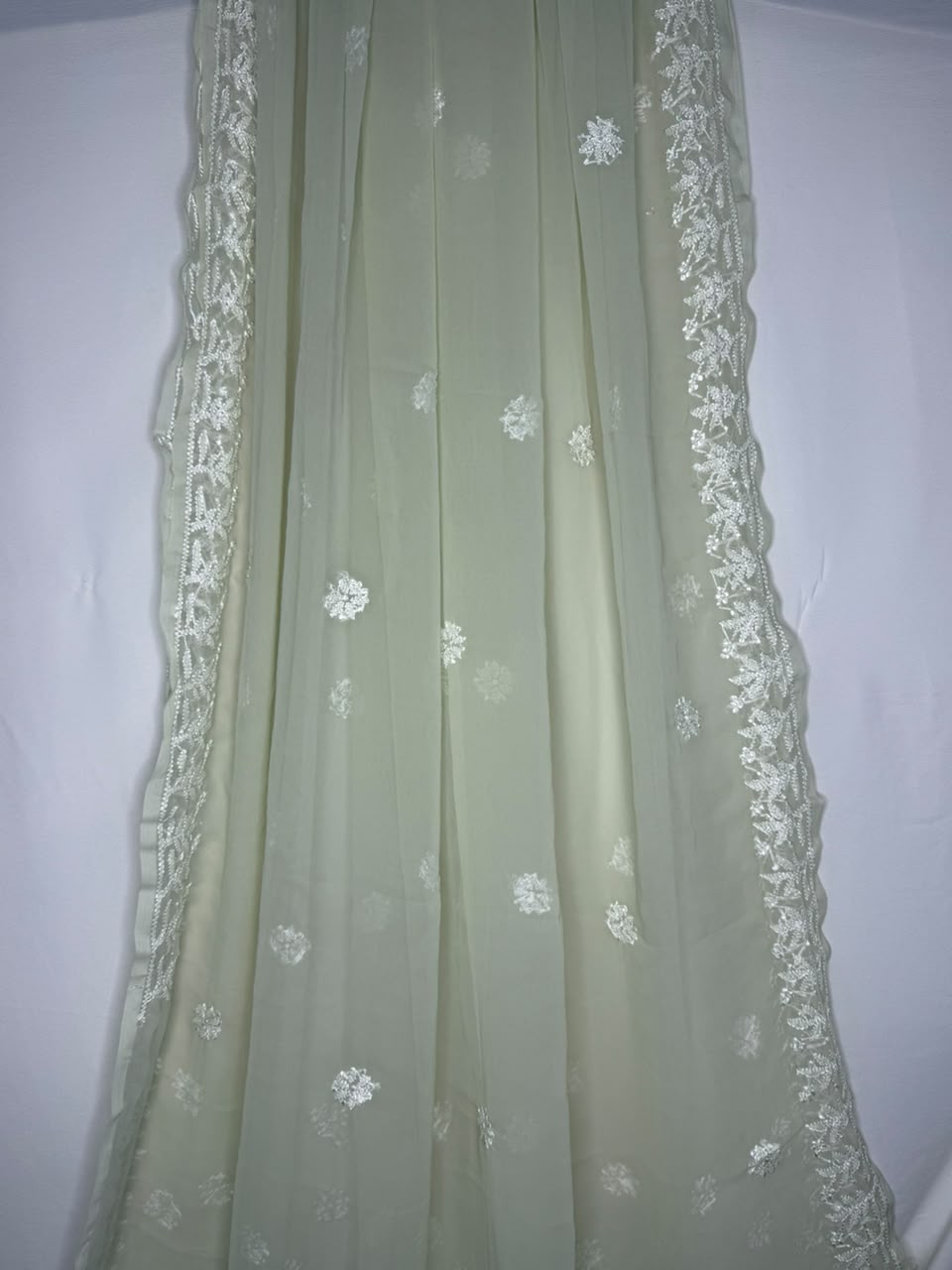GEORGETTE CHIKANKARI SAREE IN PASTEL PISTA GREEN
