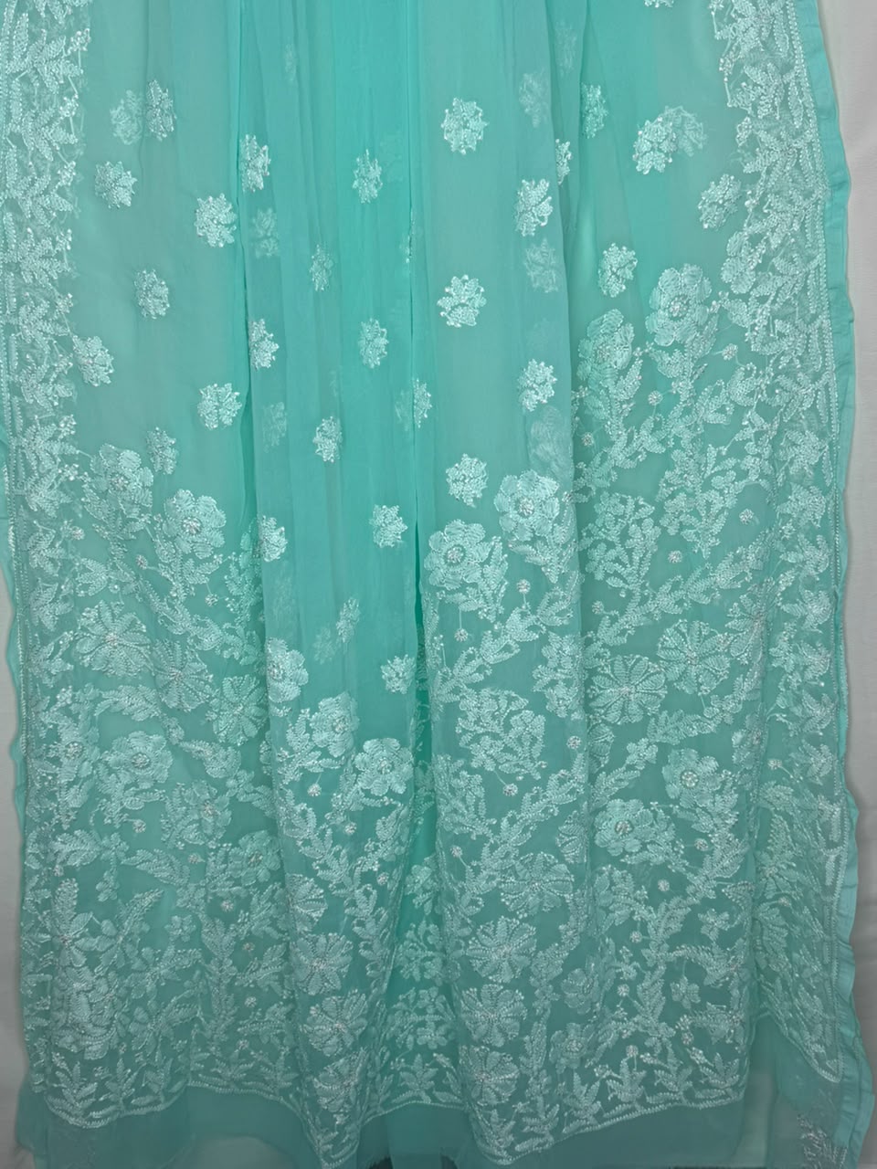GEORGETTE CHIKANKARI SAREE IN SEA GREEN