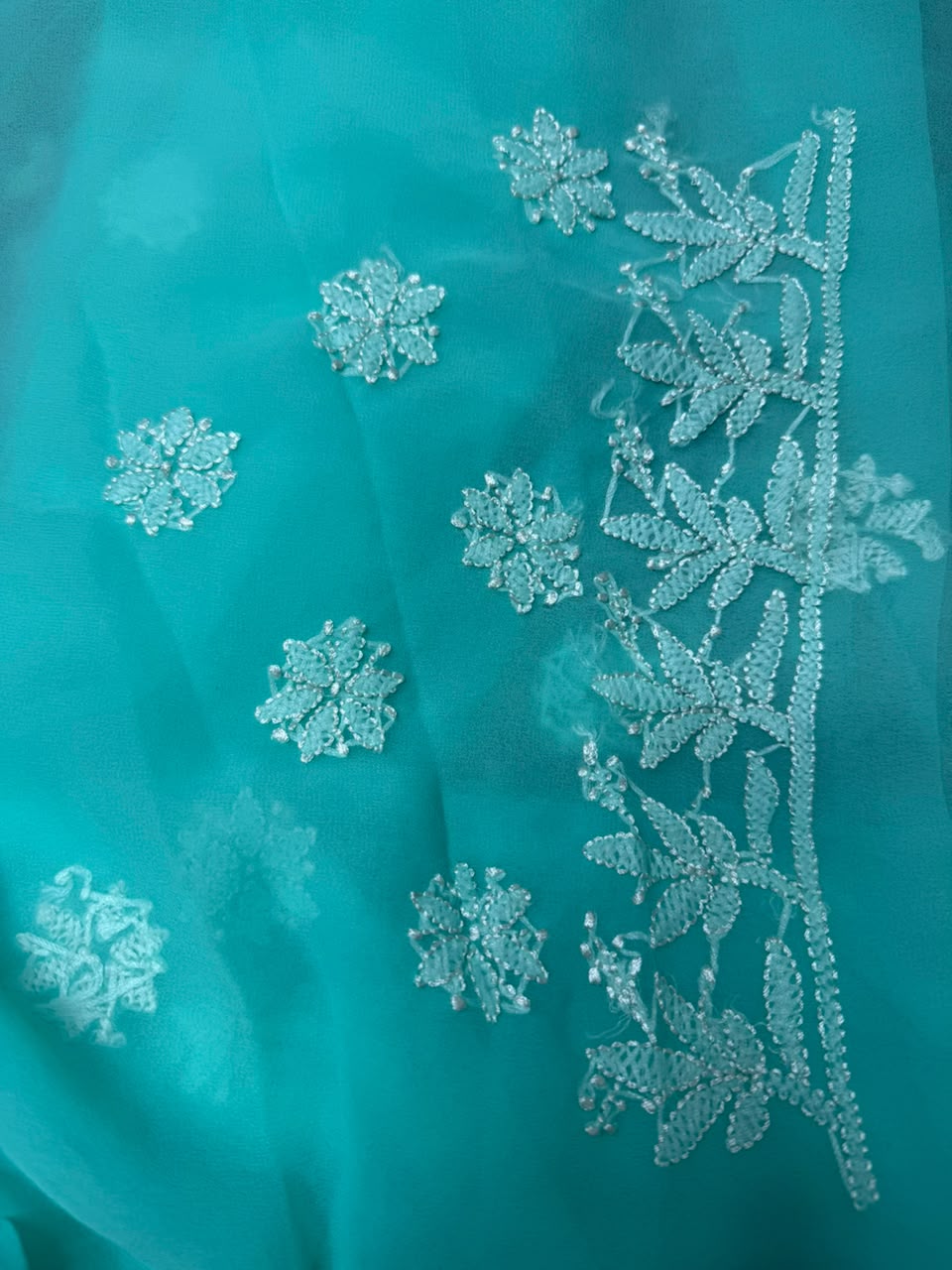 GEORGETTE CHIKANKARI SAREE IN SEA GREEN