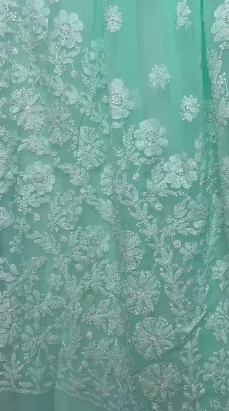 GEORGETTE CHIKANKARI SAREE IN SEA GREEN