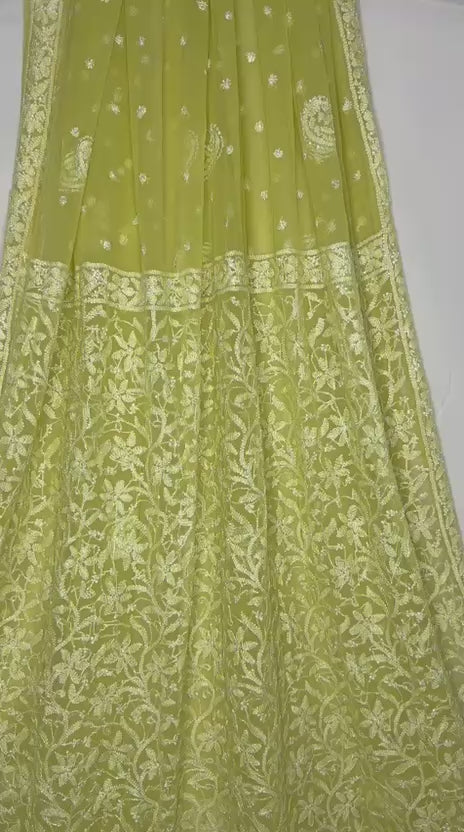 GEORGETTE CHIKANKARI SAREE IN LEMON GREEN