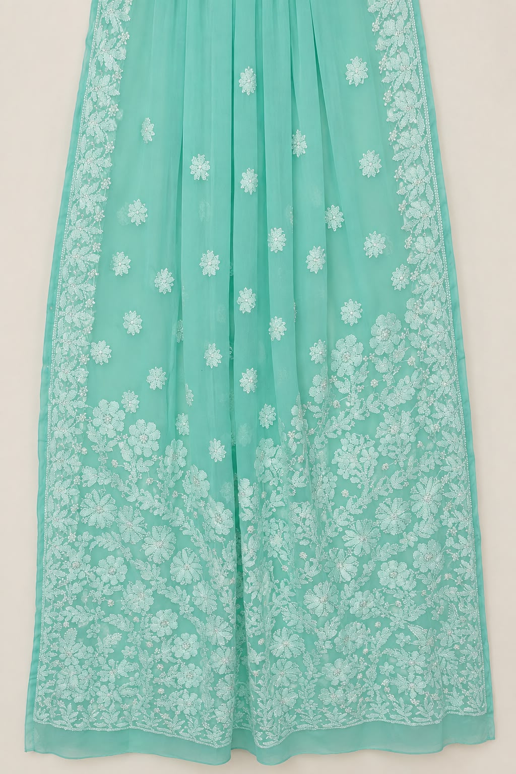 GEORGETTE CHIKANKARI SAREE IN SEA GREEN